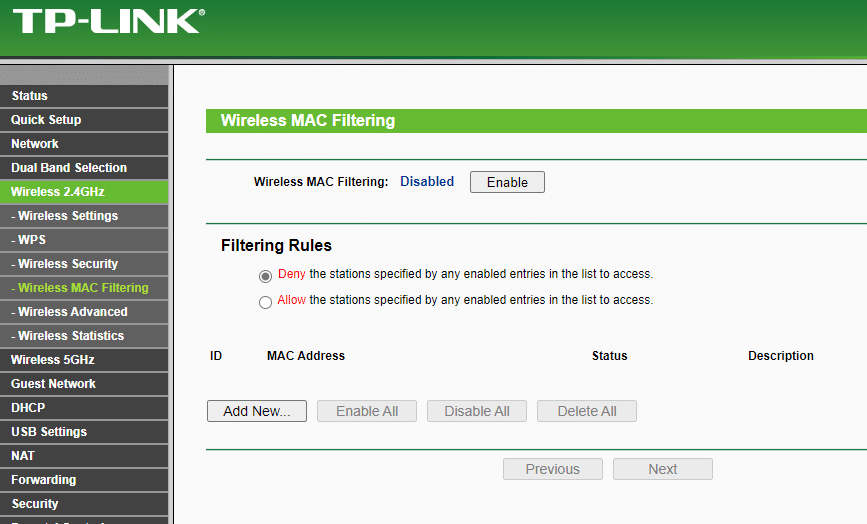 Wifi router wireless MAC filtering panel